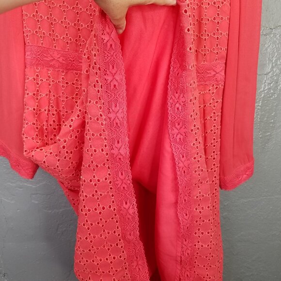 Allsaints Lilith Dress Sz 6 Eyelet Fit & Flare A-Line Coral Red Lace Sheer Lined - Picture 7 of 16